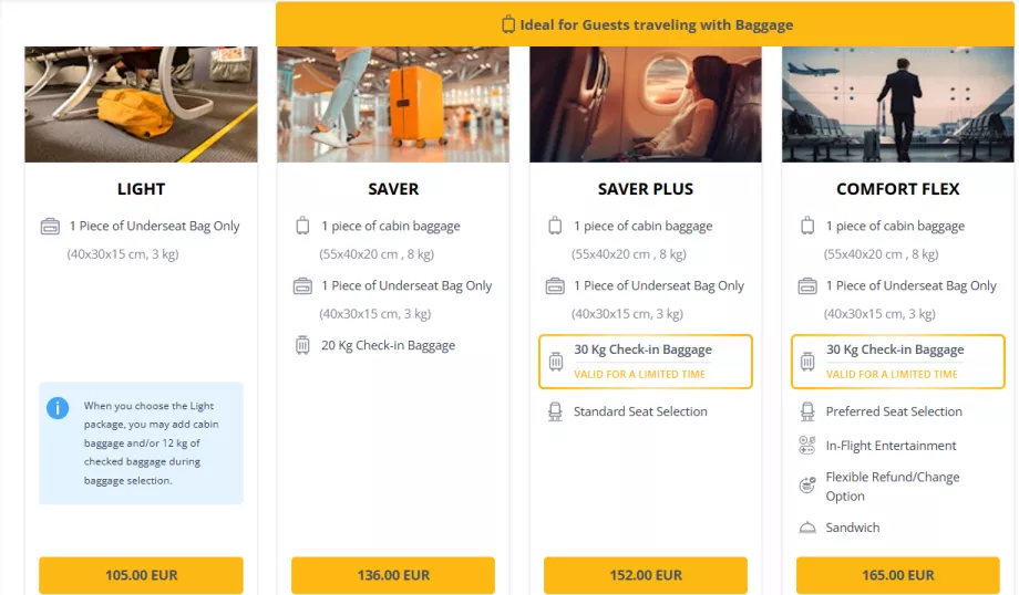 Класи тарифів Pegasus Airlines