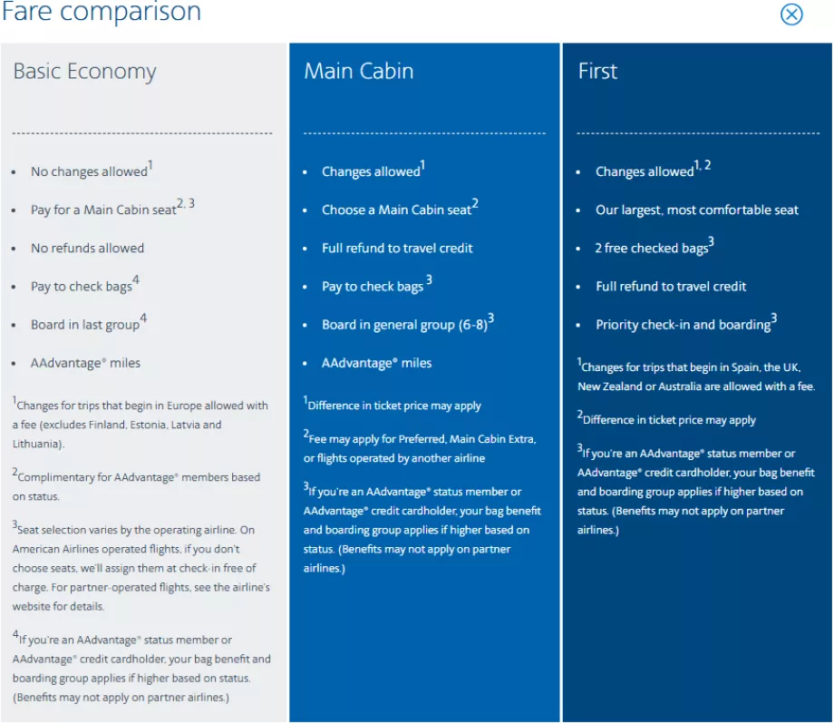 Внутрішні тарифи American Airlines
