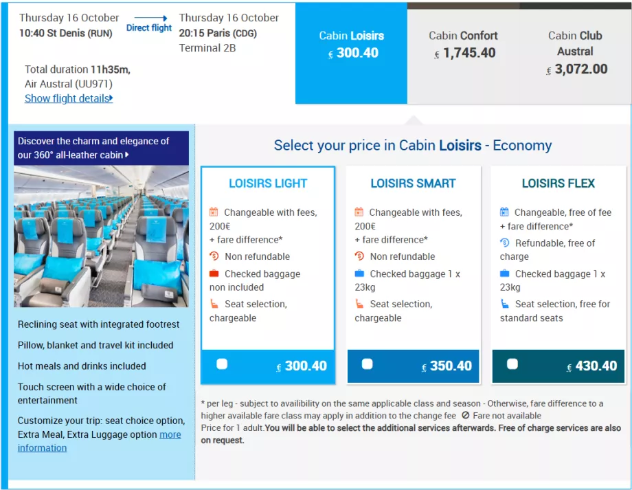 Класи тарифів Air Austral