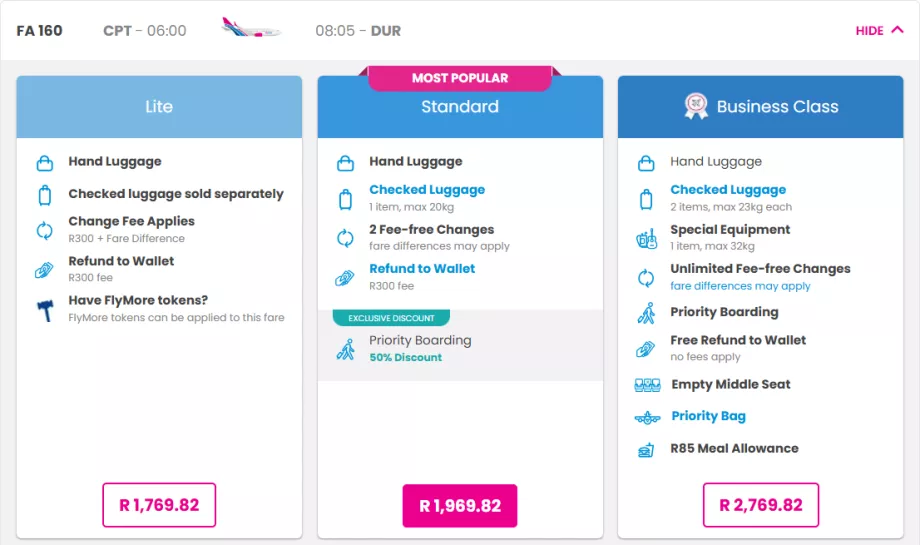 Класи тарифів FlySafair