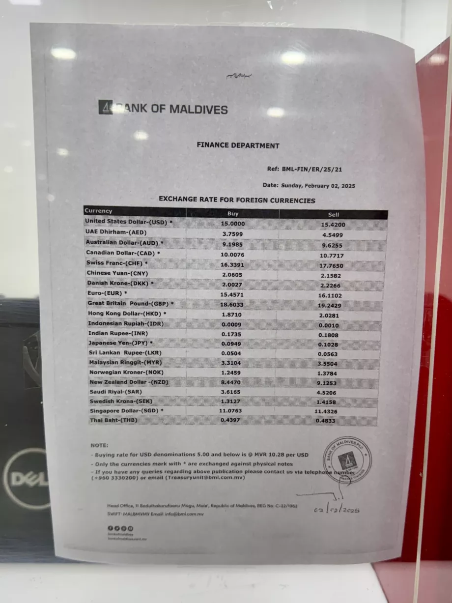 Курс обміну валют Bank of the Maldives Malé MLE